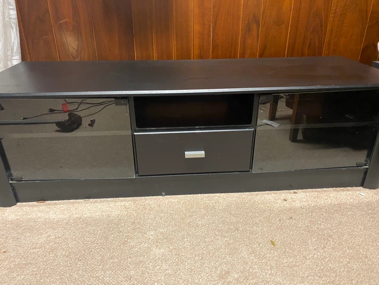 Black TV Stand with Glass Doors and Drawer