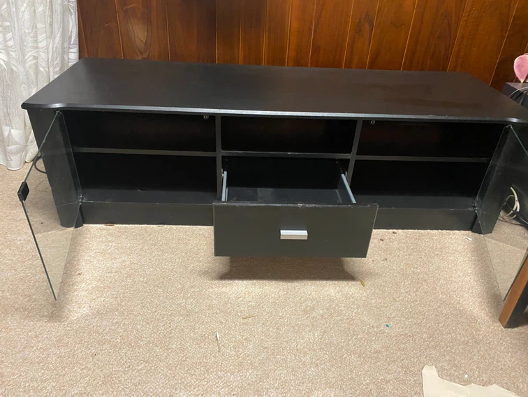Black TV Stand with Glass Doors and Drawer - photo 2
