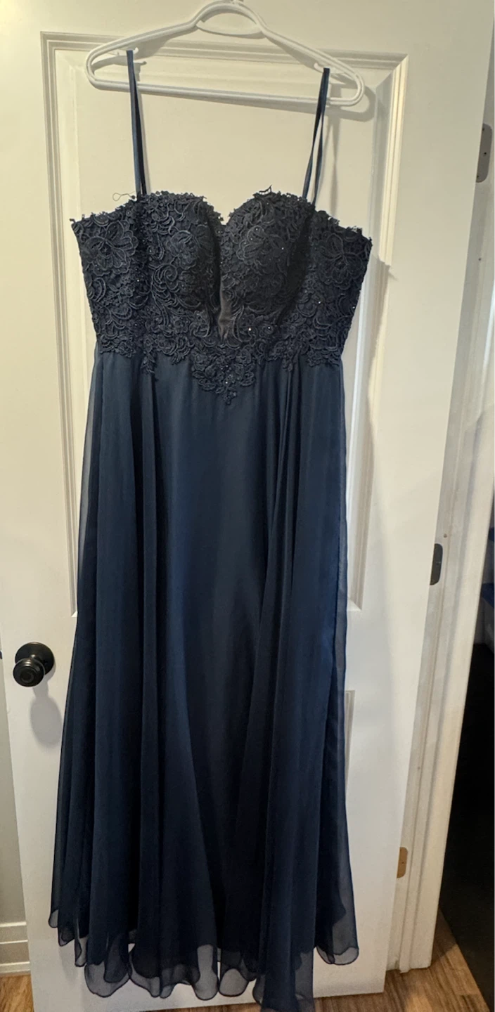 Navy blue lace corset-back formal gown