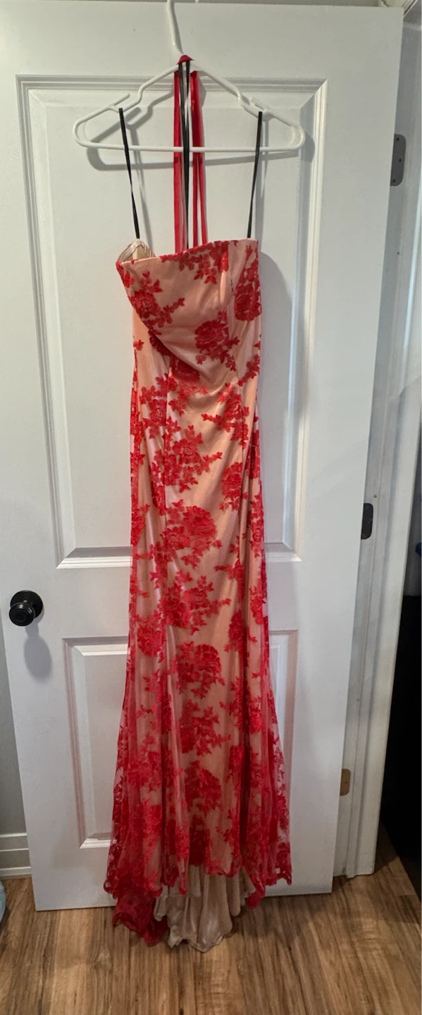 Red Lace Overlay Formal Gown