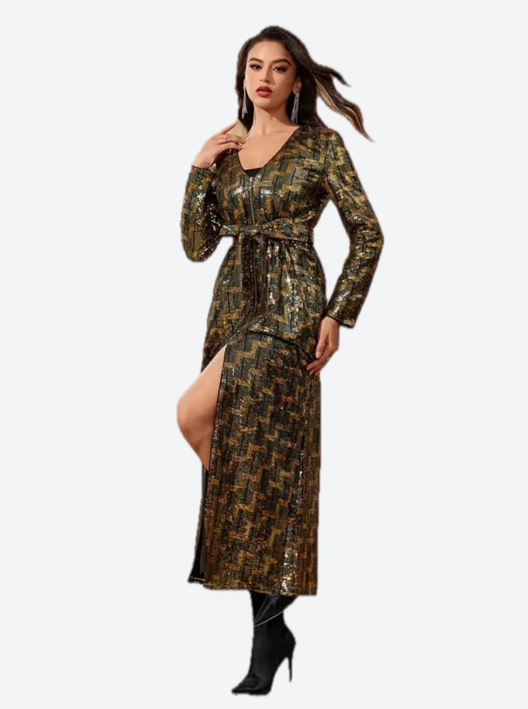 Very Sequin Belted Maxi Dress XL