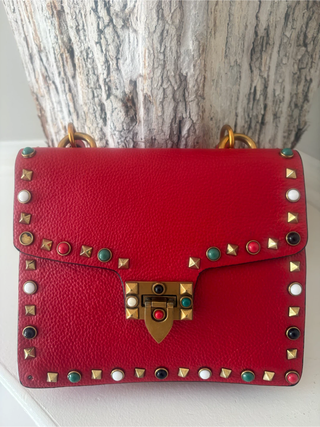 Rockstud Red Leather Handbag