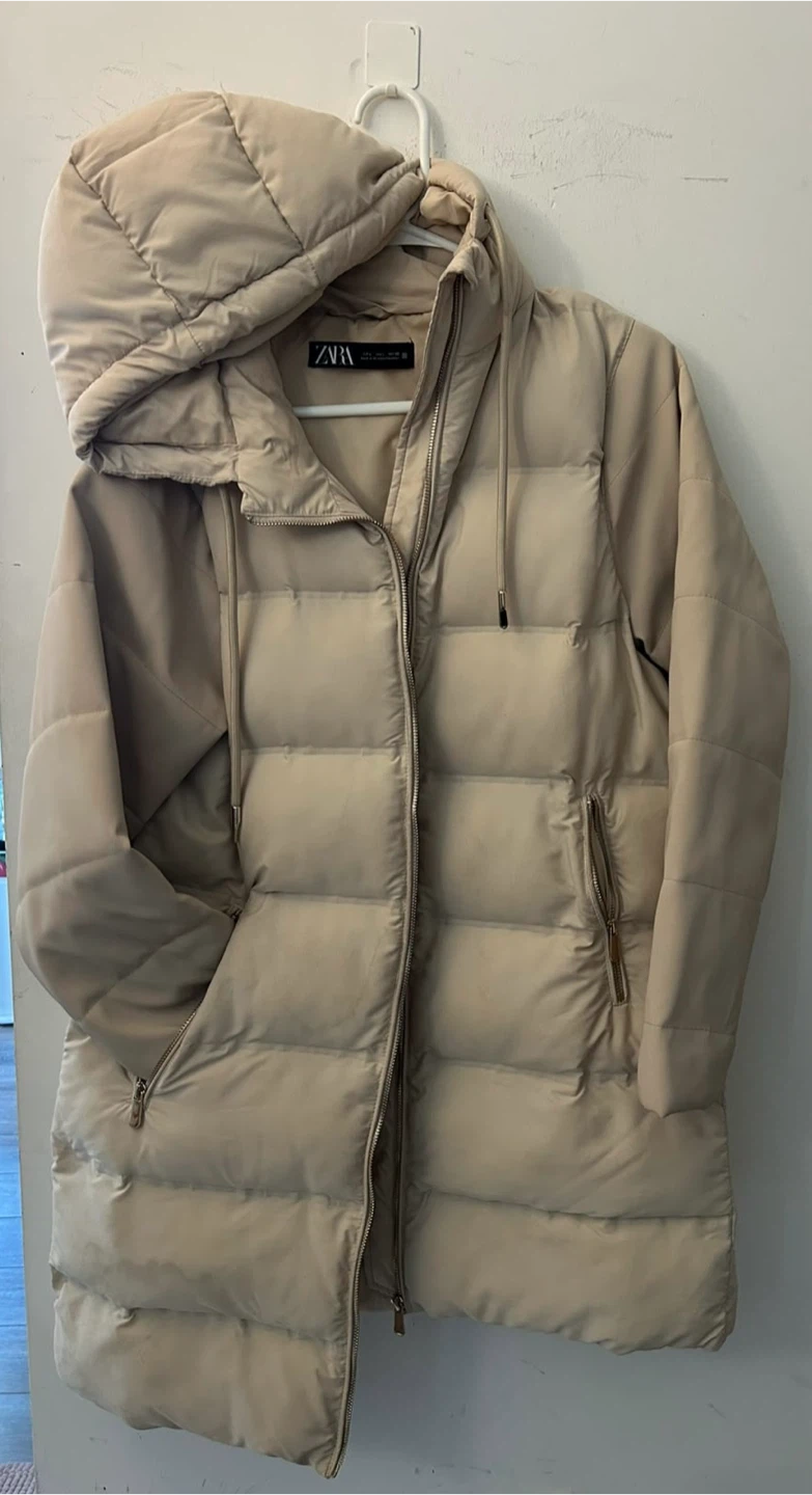 Zara Beige Puffer Coat with Real Leather Sleeves