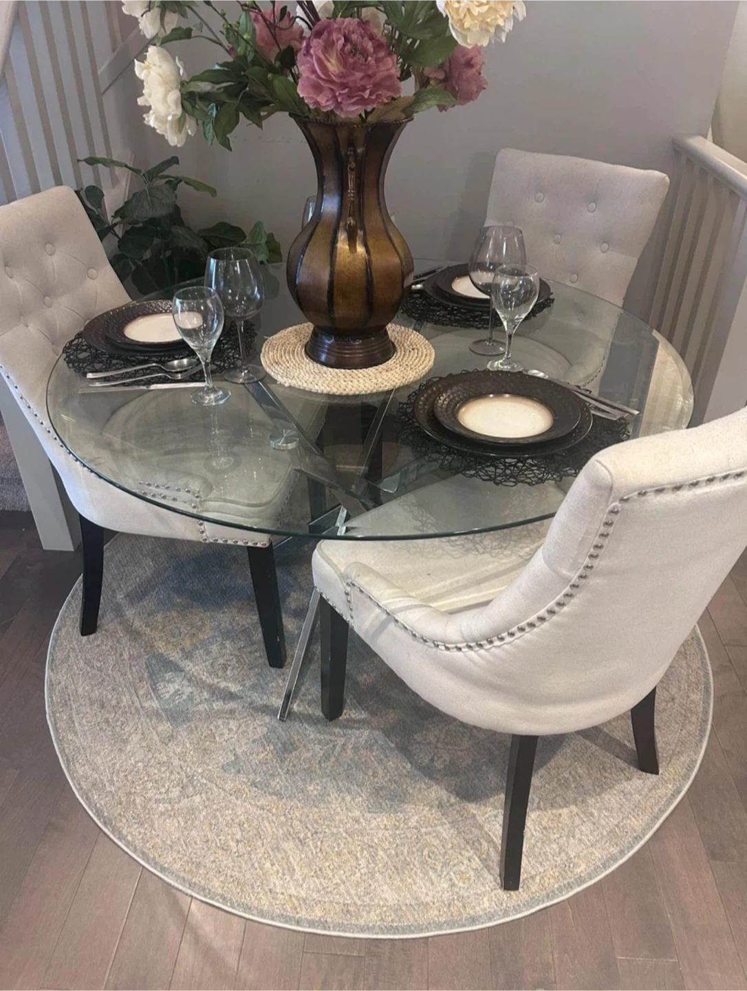 Glass Dining Table with 4 Upholstered Chairs