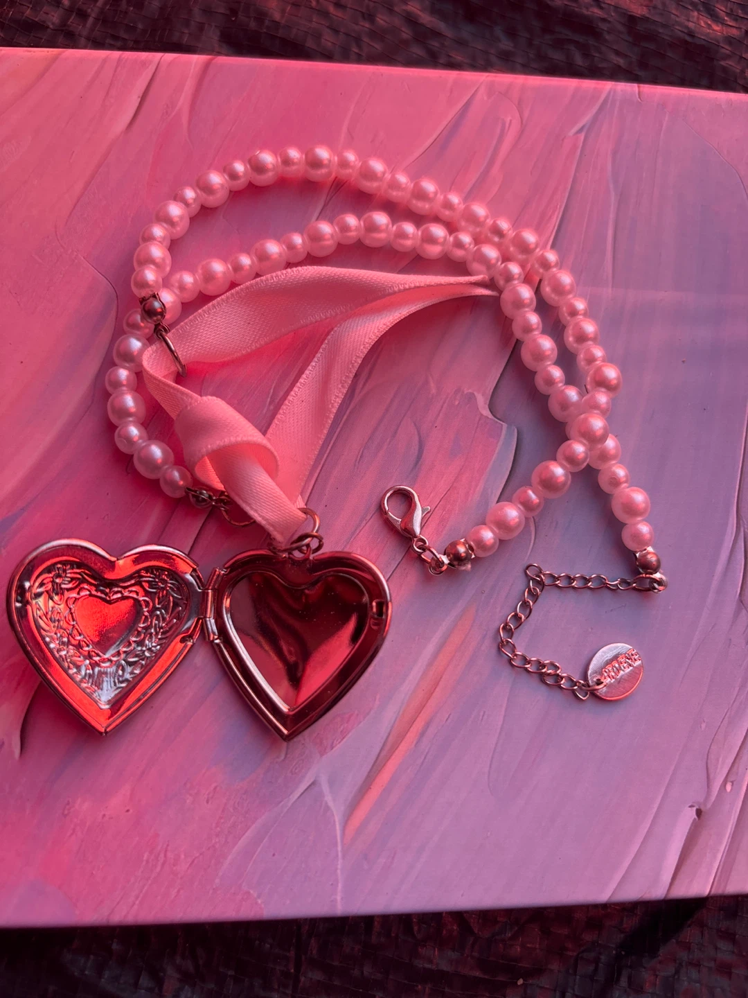 Ardene Pink Pearl Heart Locket Necklace