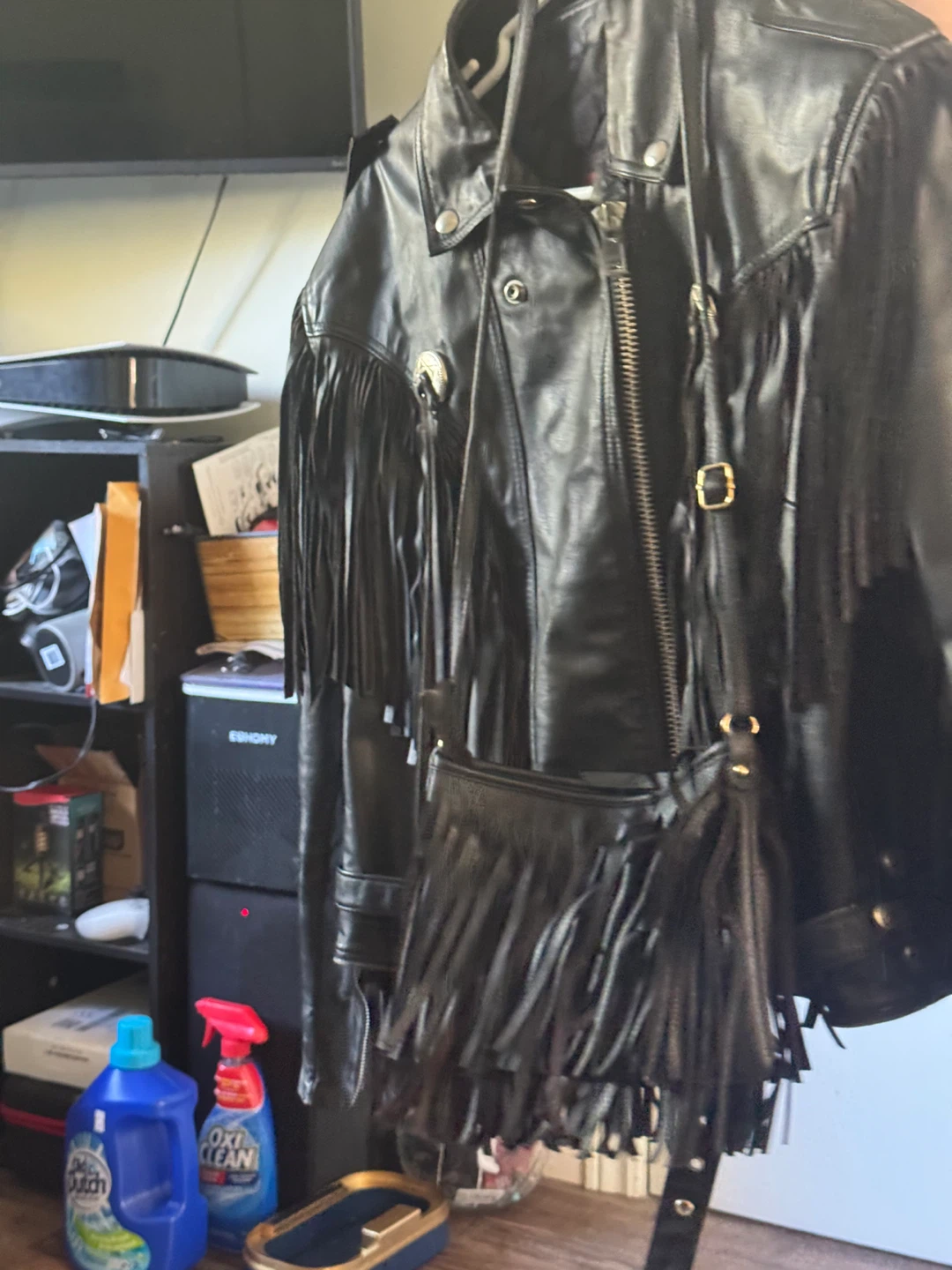 Vintage Black Leather Fringe Jacket with Matching Bag