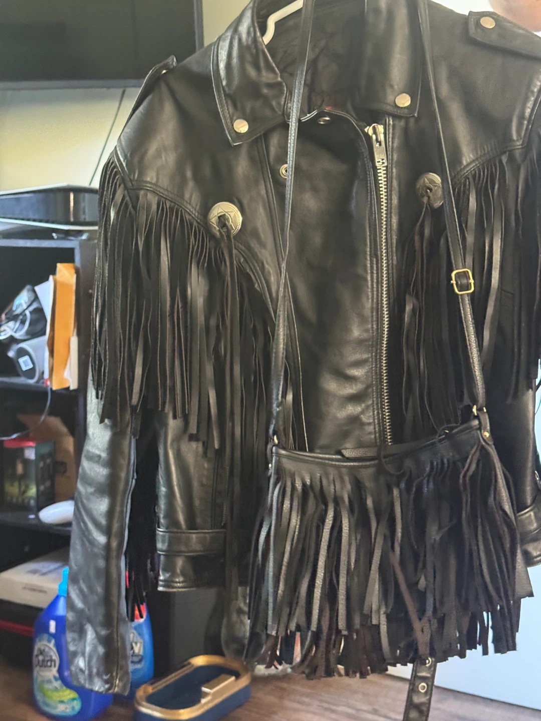 Vintage Black Leather Fringe Jacket with Matching Bag - photo 3