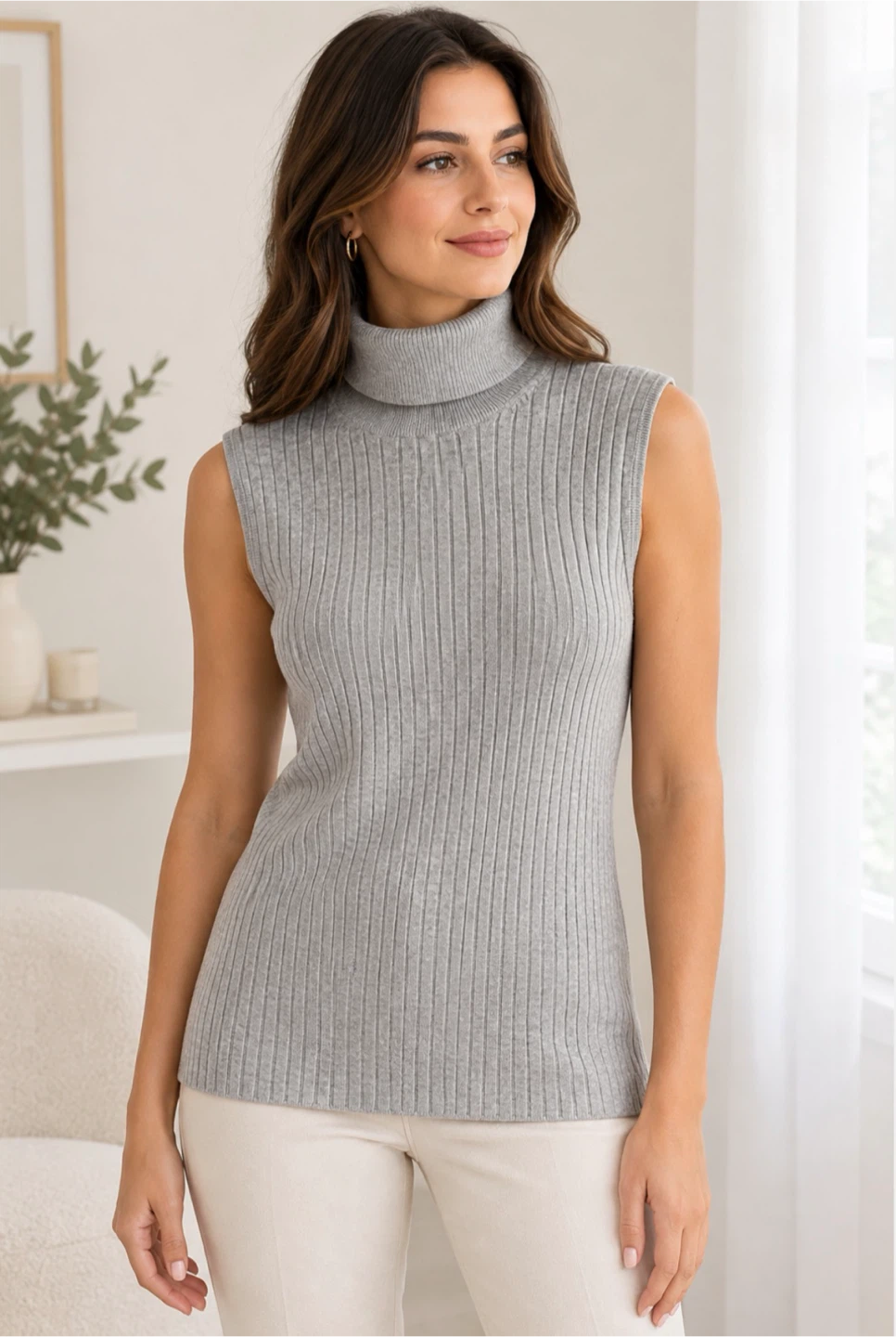 RW&CO. Gray Ribbed Sleeveless Turtleneck Top