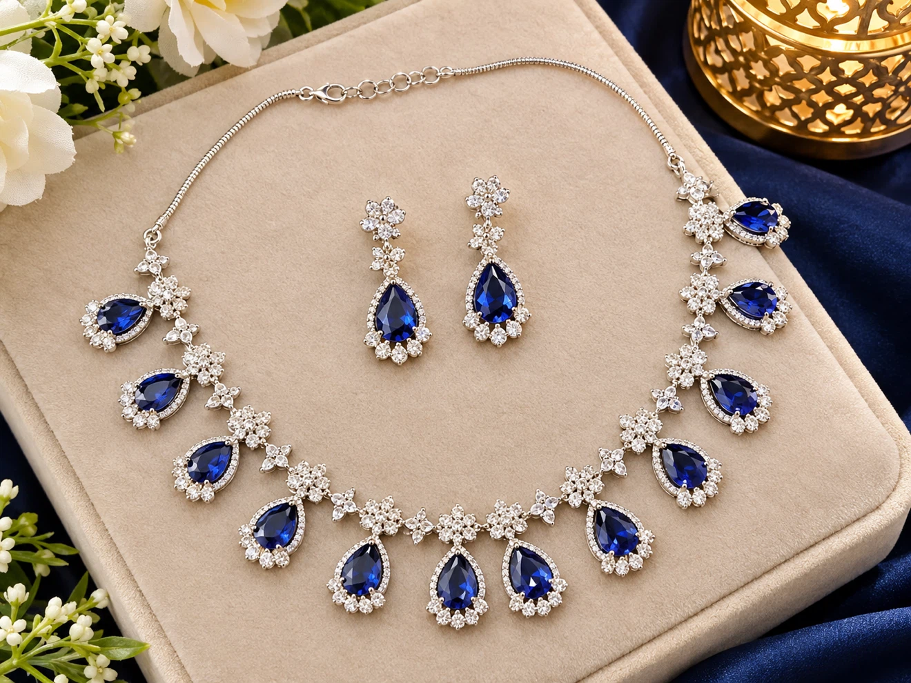 Blue Teardrop Crystal Necklace and Earring Set
