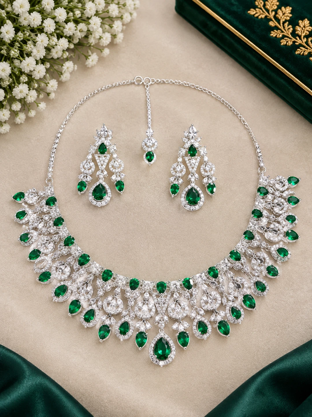 Green Crystal Necklace and Earring Jewelry Set
