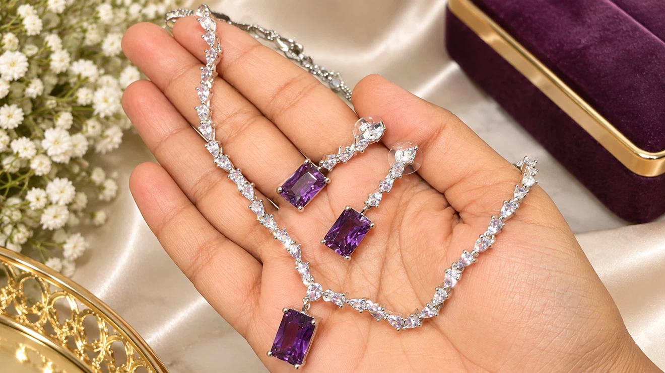 Purple Crystal Necklace and Earring Set