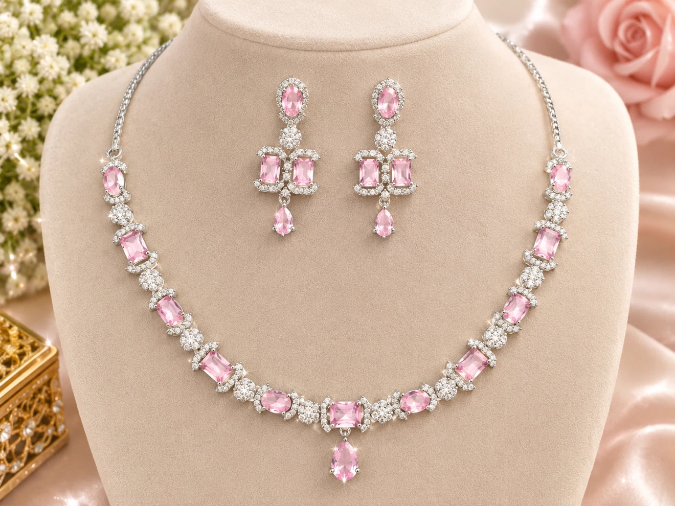 Pink Crystal Necklace and Earring Jewelry Set