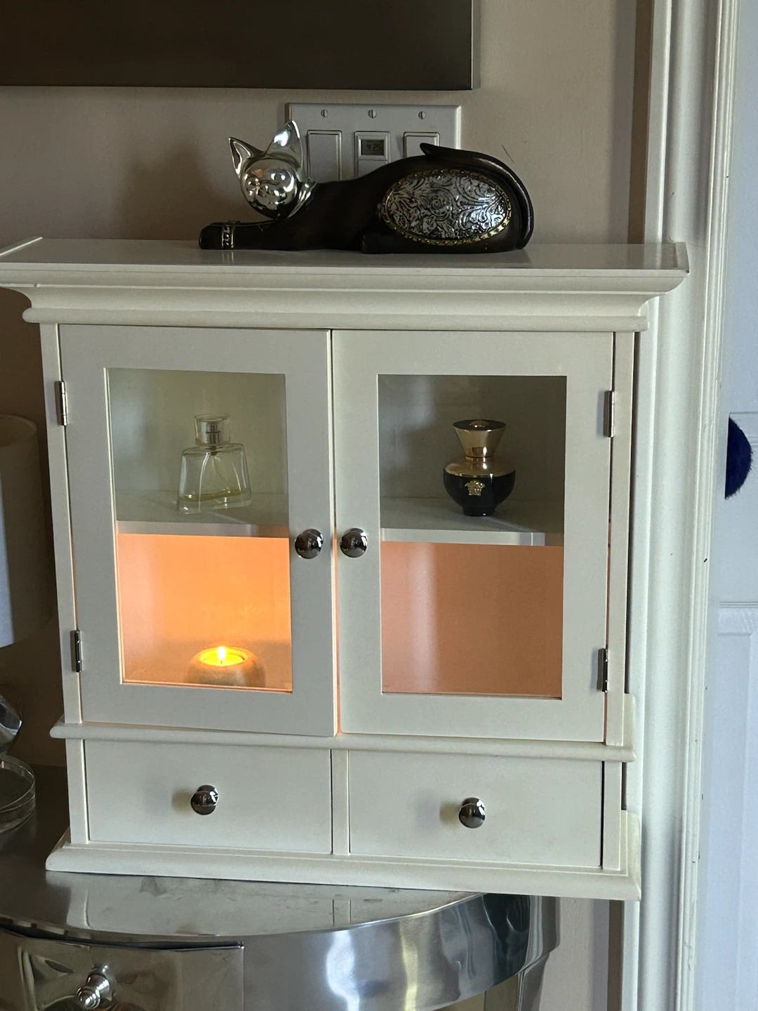 White Wall-Mount Display Cabinet with Drawers