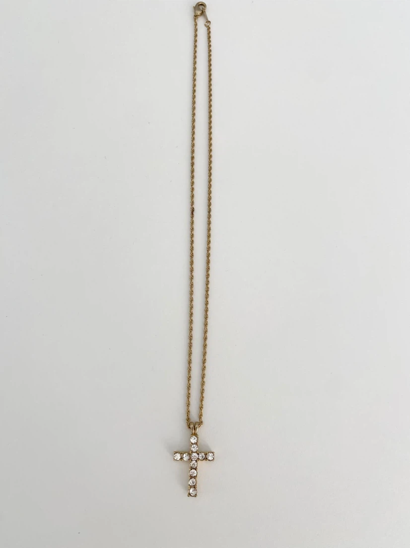 Gold-Tone Rhinestone Cross Pendant Necklace