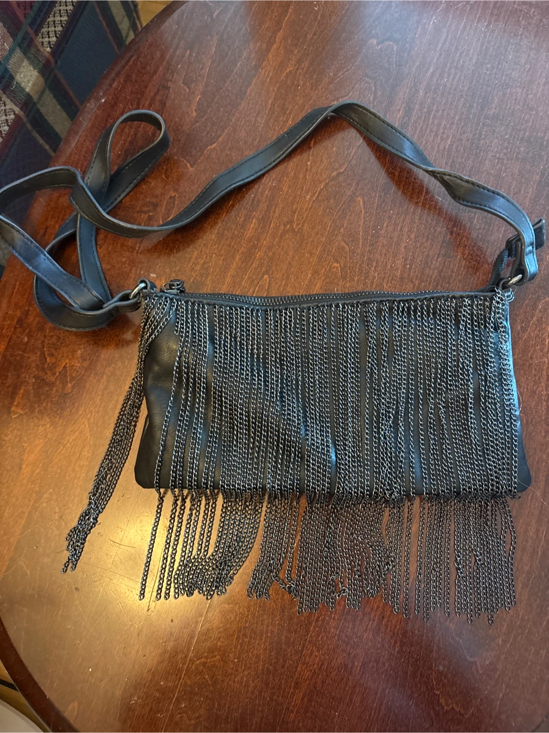 Black Faux Leather Chain Fringe Crossbody Bag