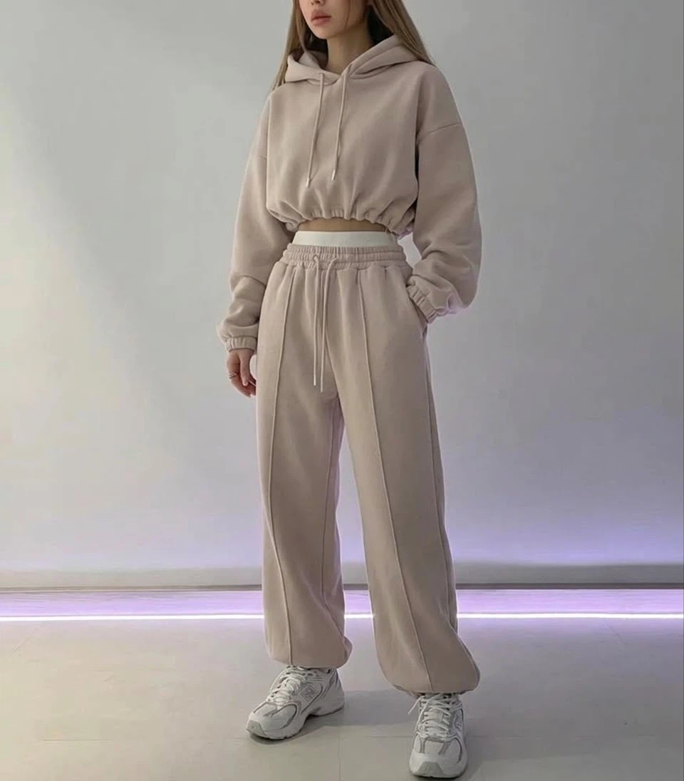 Beige Crop Hoodie and Jogger Set