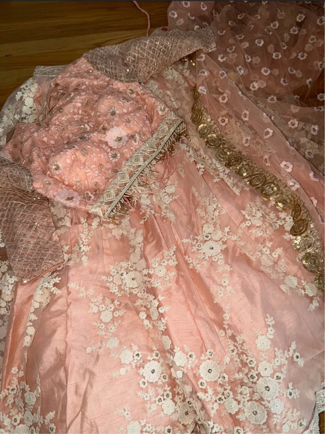 Peach Floral Embroidered Lehenga Set