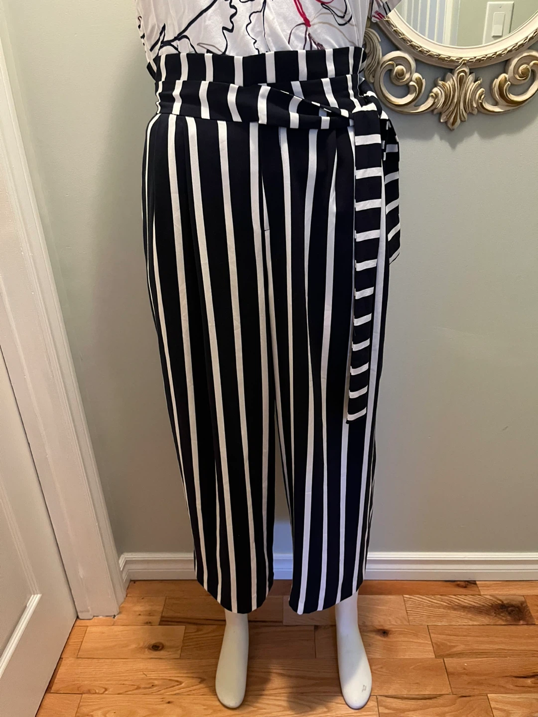 Zara Navy blue and white striped high-waisted trousers