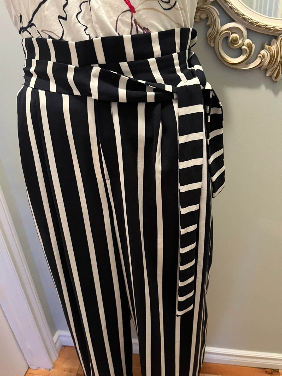 Zara Navy blue and white striped high-waisted trousers - photo 2