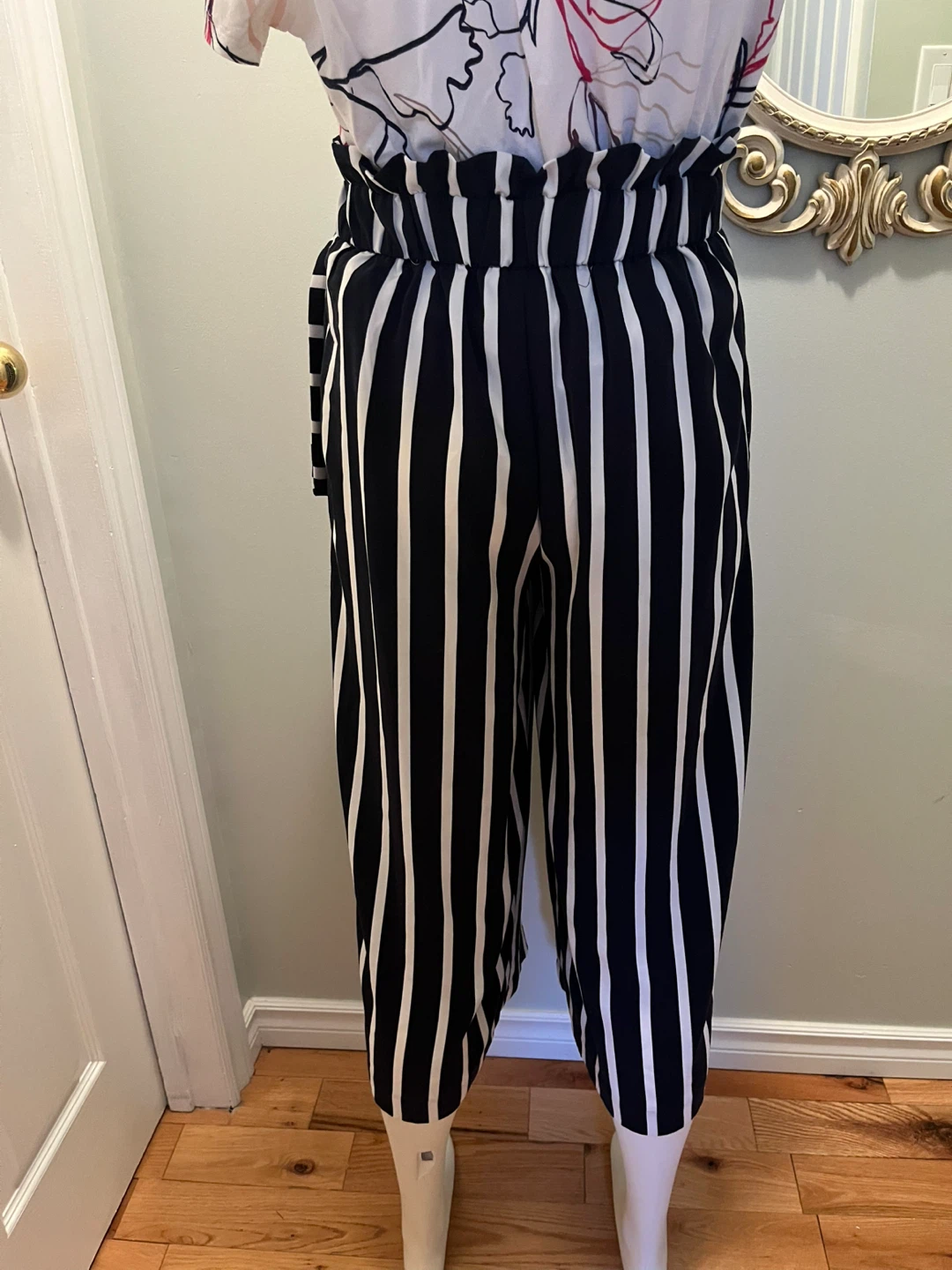 Zara Navy blue and white striped high-waisted trousers - photo 4
