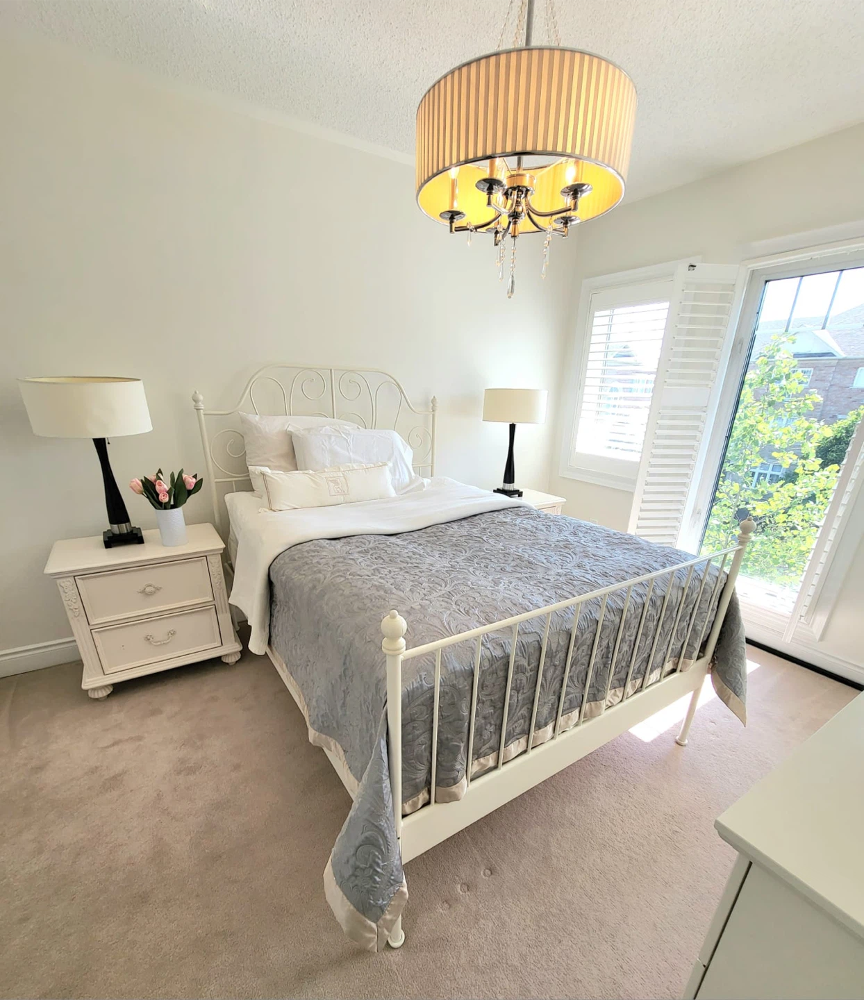 IKEA off white metal bed frame with mattress
