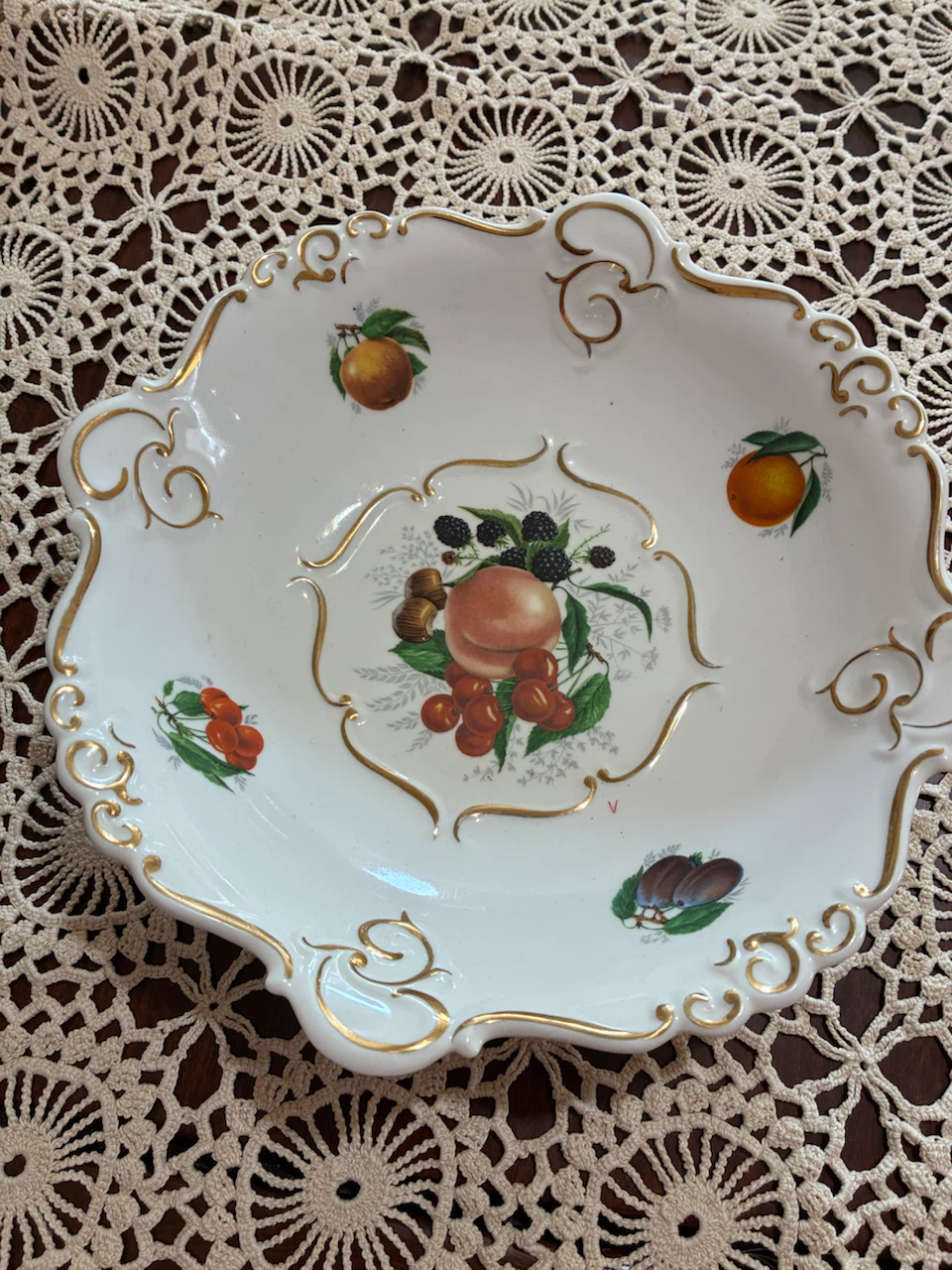 Vintage Porcelain Fruit Bowl with Gold Trim