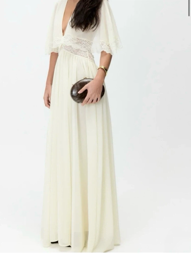 Lablon Open-Back Lace Trim Maxi Dress in Cream