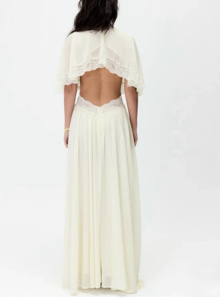 Lablon Open-Back Lace Trim Maxi Dress in Cream - photo 2