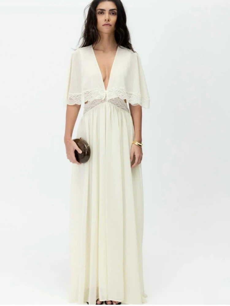 Lablon Open-Back Lace Trim Maxi Dress in Cream - photo 4