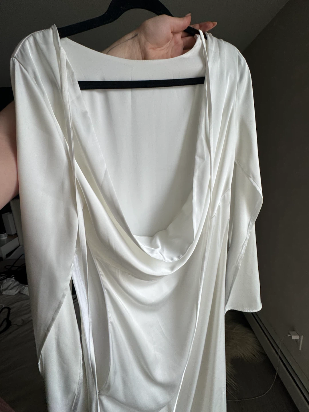 White Satin Cowl Back Long Sleeve Dress - photo 2