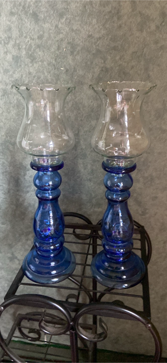 Set of Two Cobalt Blue Glass Candle Holders
