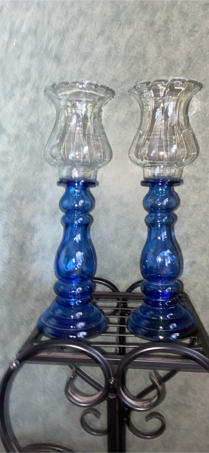 Set of Two Cobalt Blue Glass Candle Holders - photo 2
