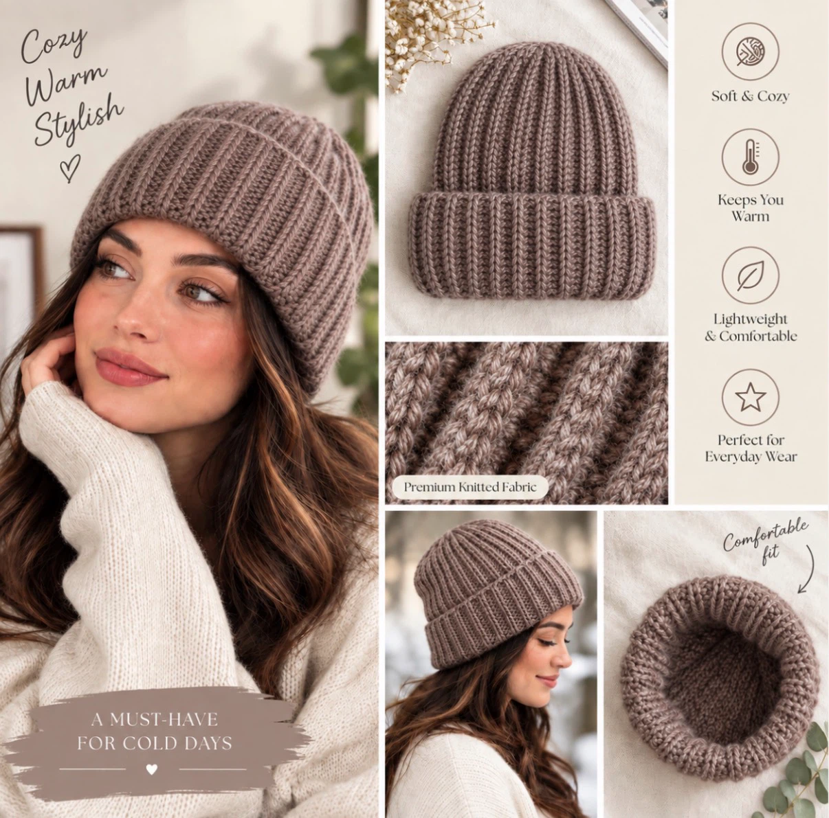 New Ribbed Knit Beanie (Cappuccino colour)