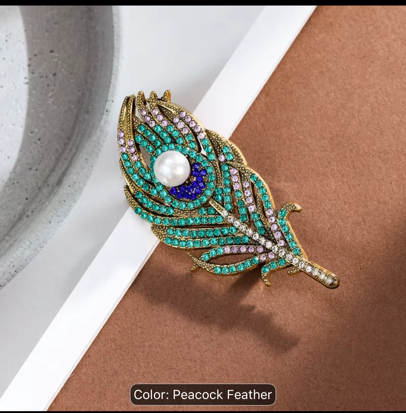 Vintage Peacock Feather Rhinestone Brooch - photo 3