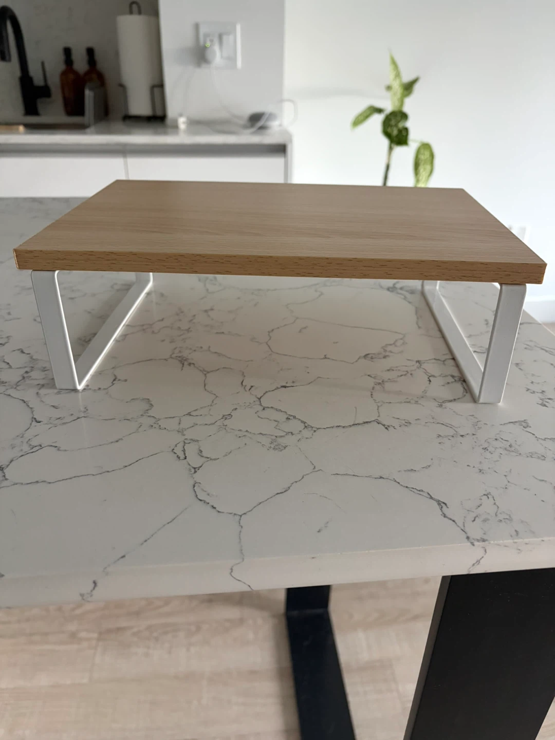 Wood and white metal desk monitor stand