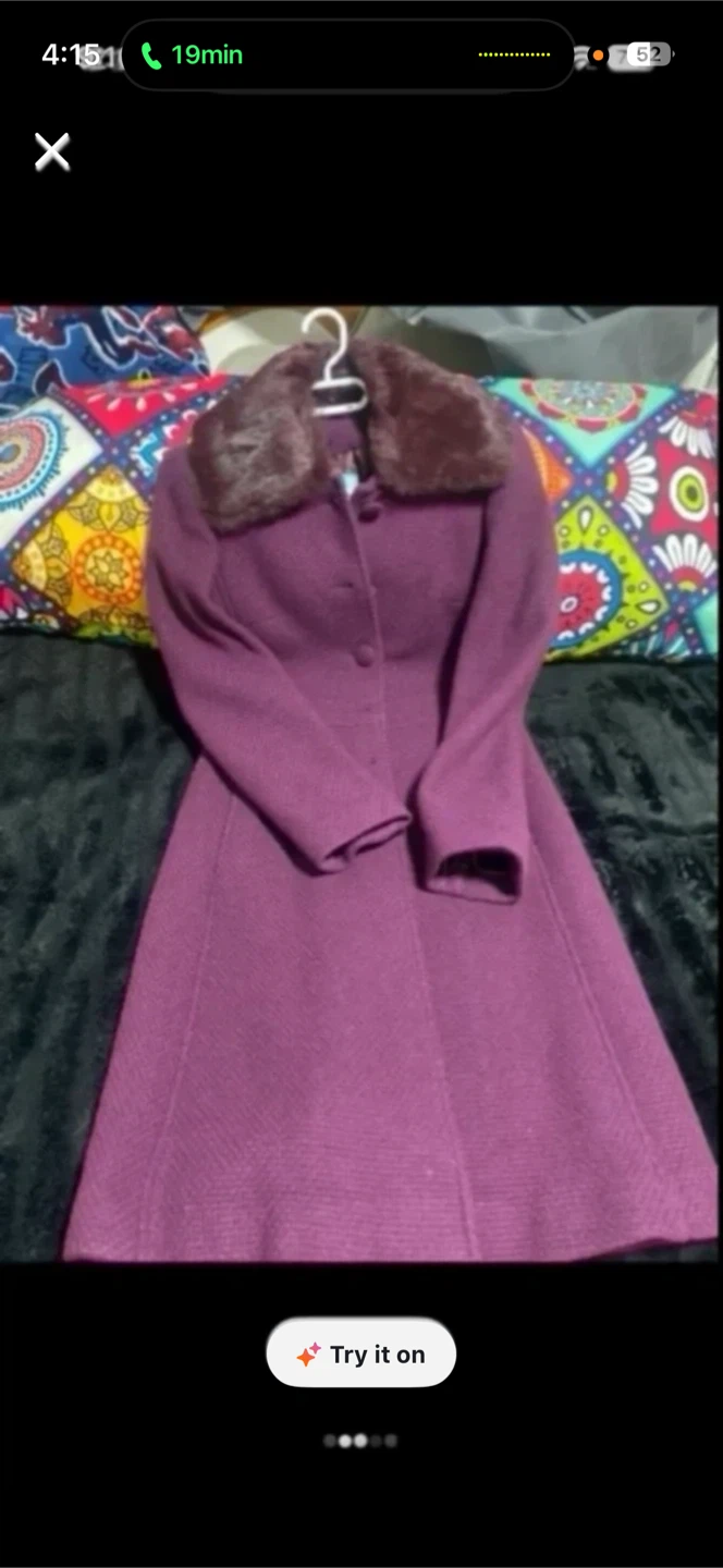 Women's Purple Wool-Blend Coat with Faux Fur Collar
