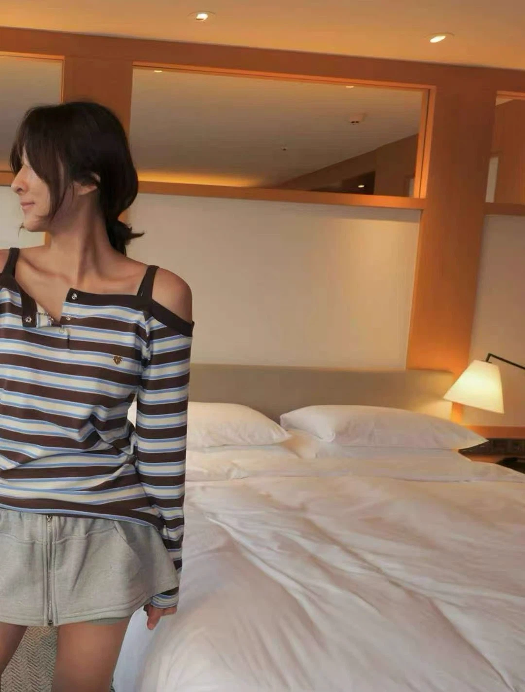 Korea Repertory Preppy Striped Off-Shoulder Long-Sleeve T-Shirt - photo 2