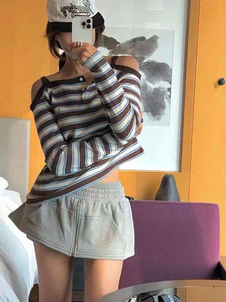 Korea Repertory Preppy Striped Off-Shoulder Long-Sleeve T-Shirt - photo 3