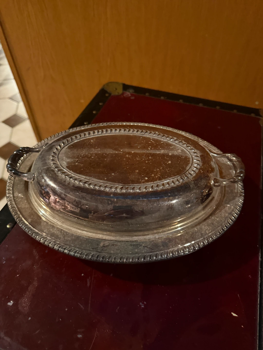 Silver-plated oval serving dish with lid
