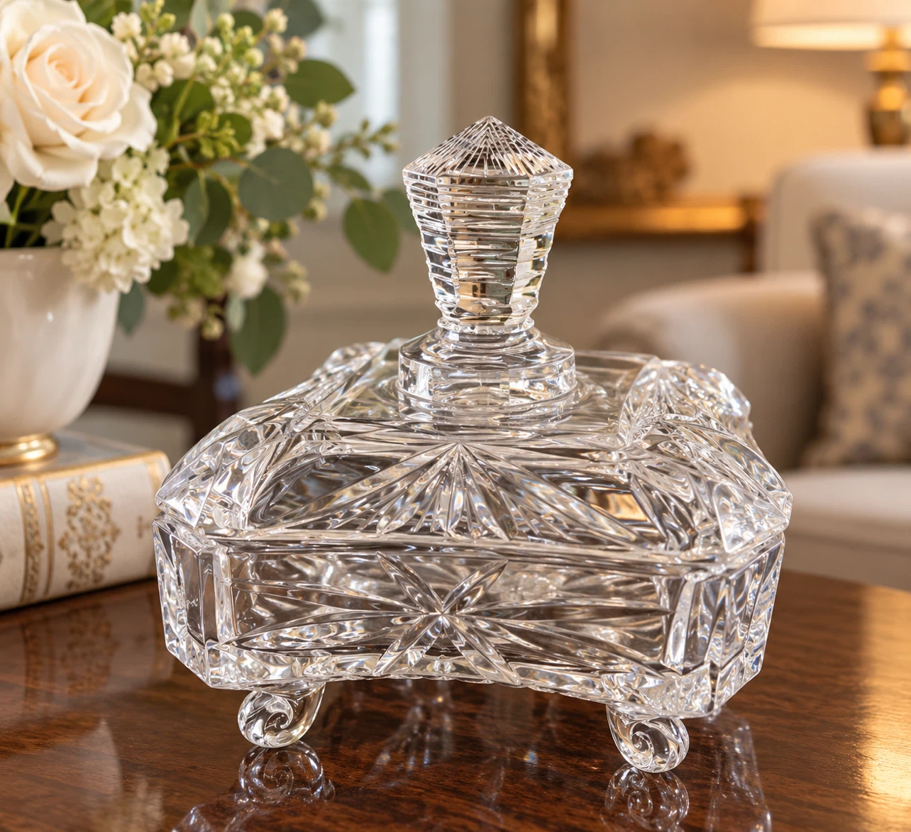 Vintage Crystal Footed Trinket Box with Lid