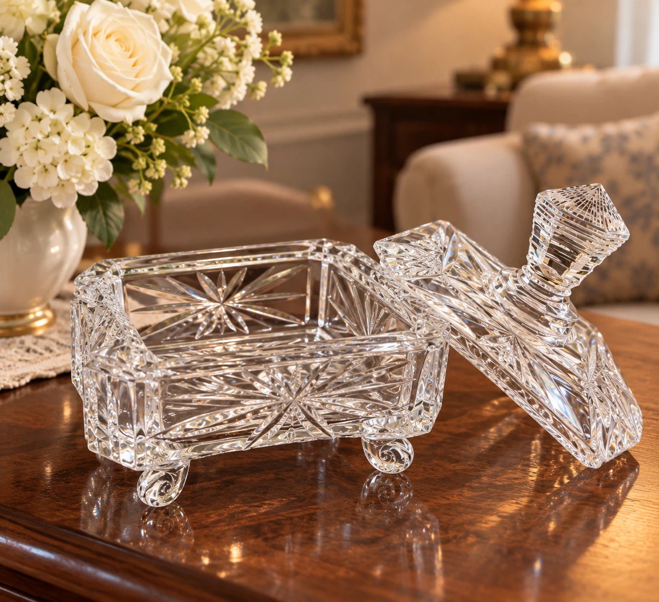 Vintage Crystal Footed Trinket Box with Lid - photo 2