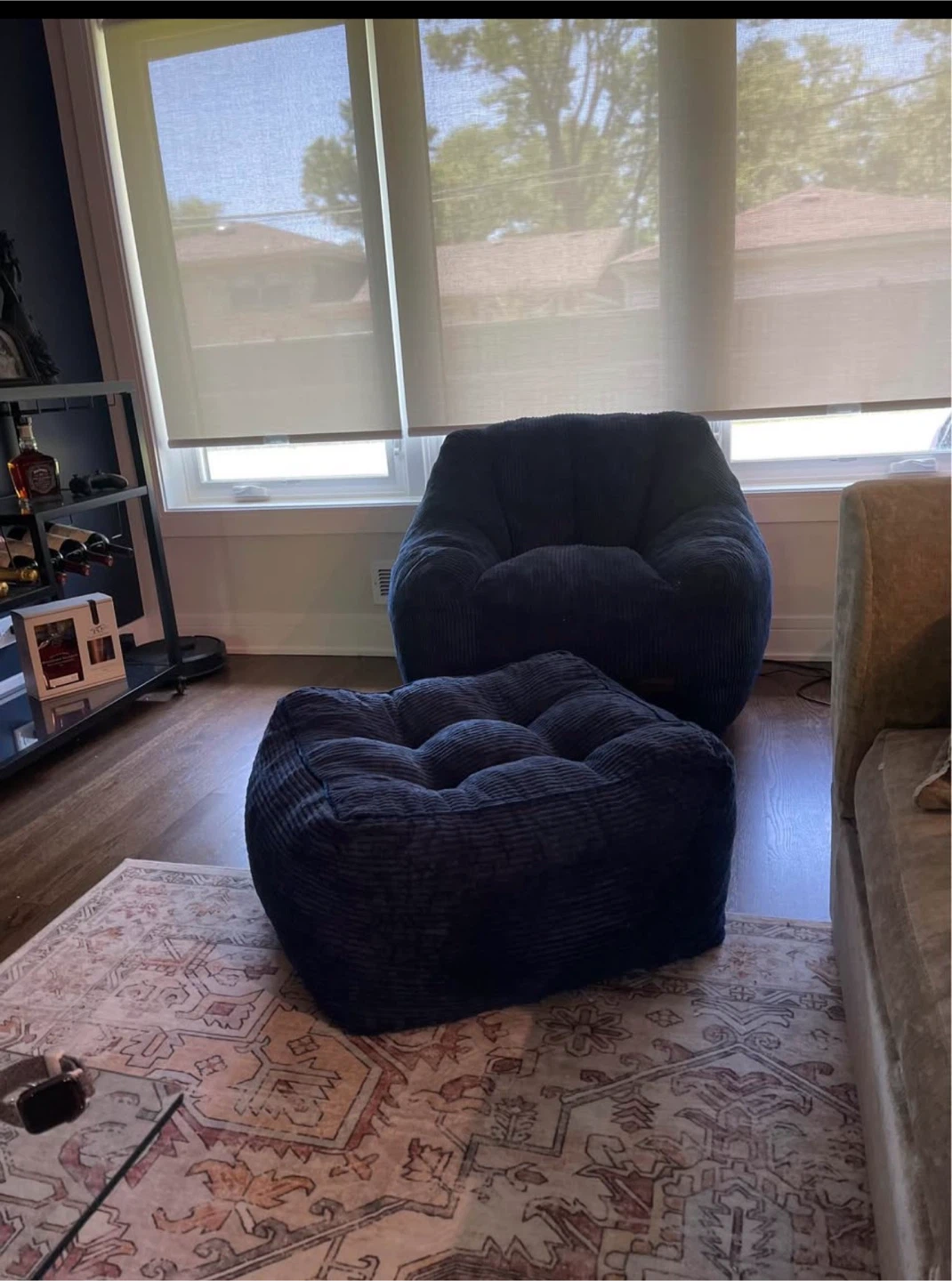 Navy Blue Corduroy Bean Bag Chair and Ottoman
