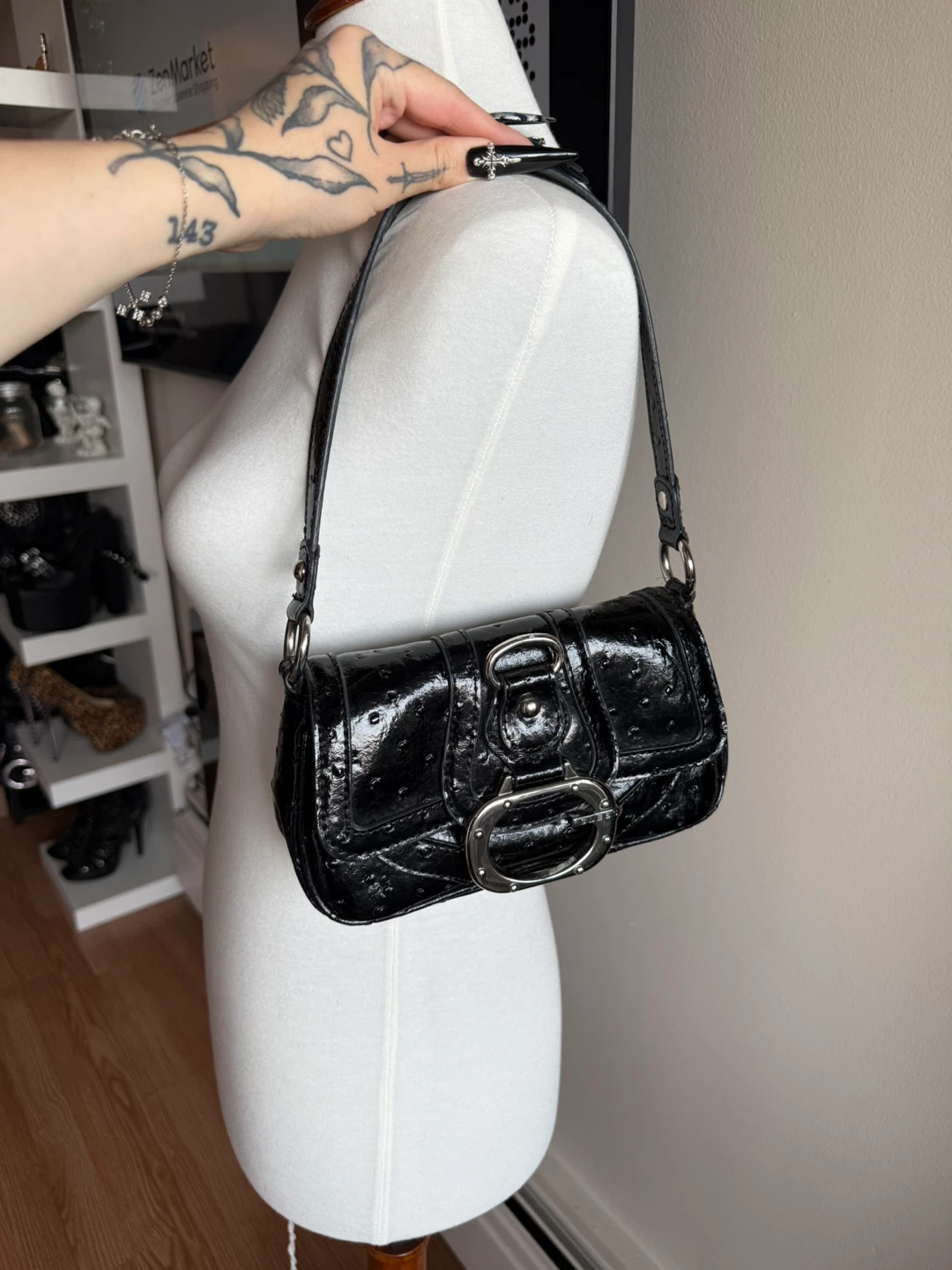 Guess Vintage Black Ostrich-Effect Shoulder Bag