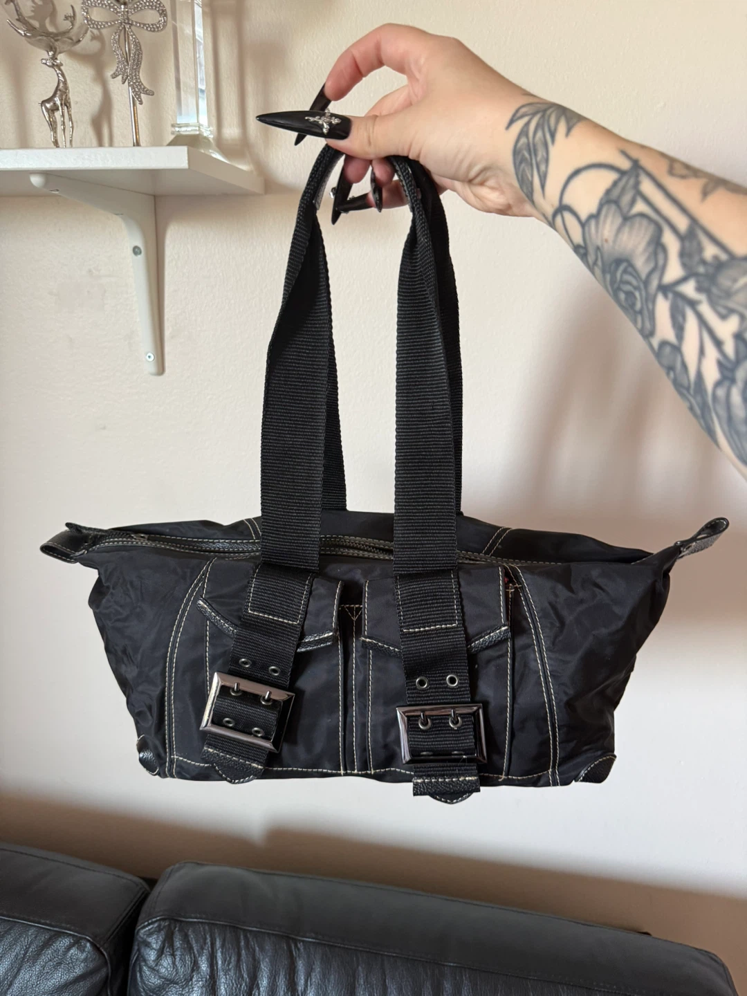 Black nylon shoulder bag with buckle details - photo 2