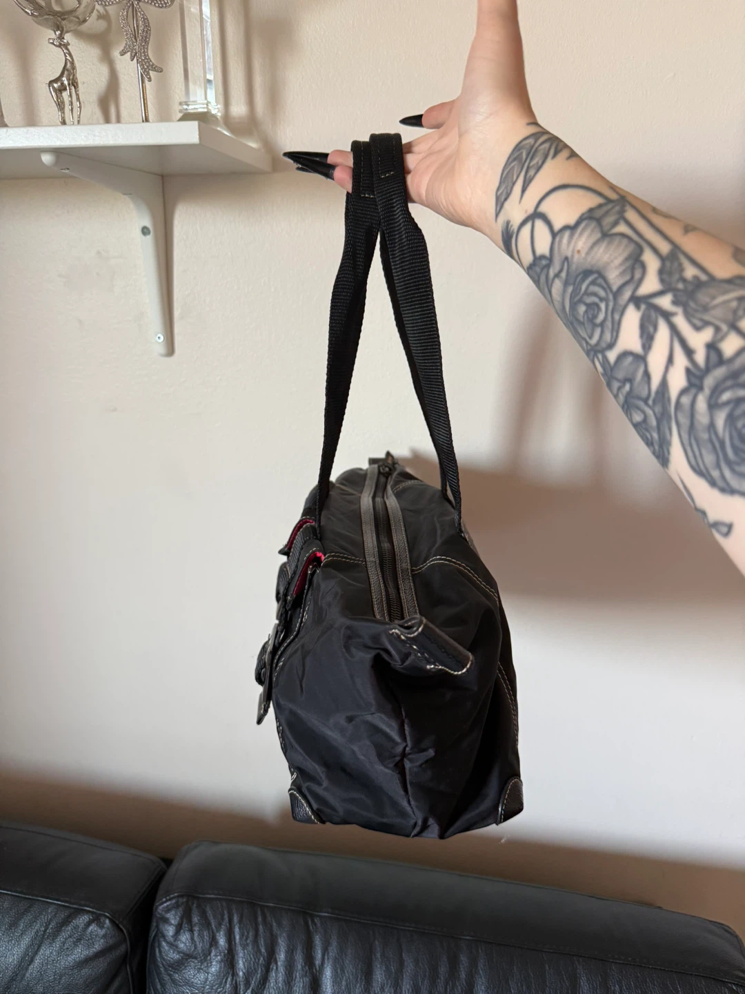 Black nylon shoulder bag with buckle details - photo 4