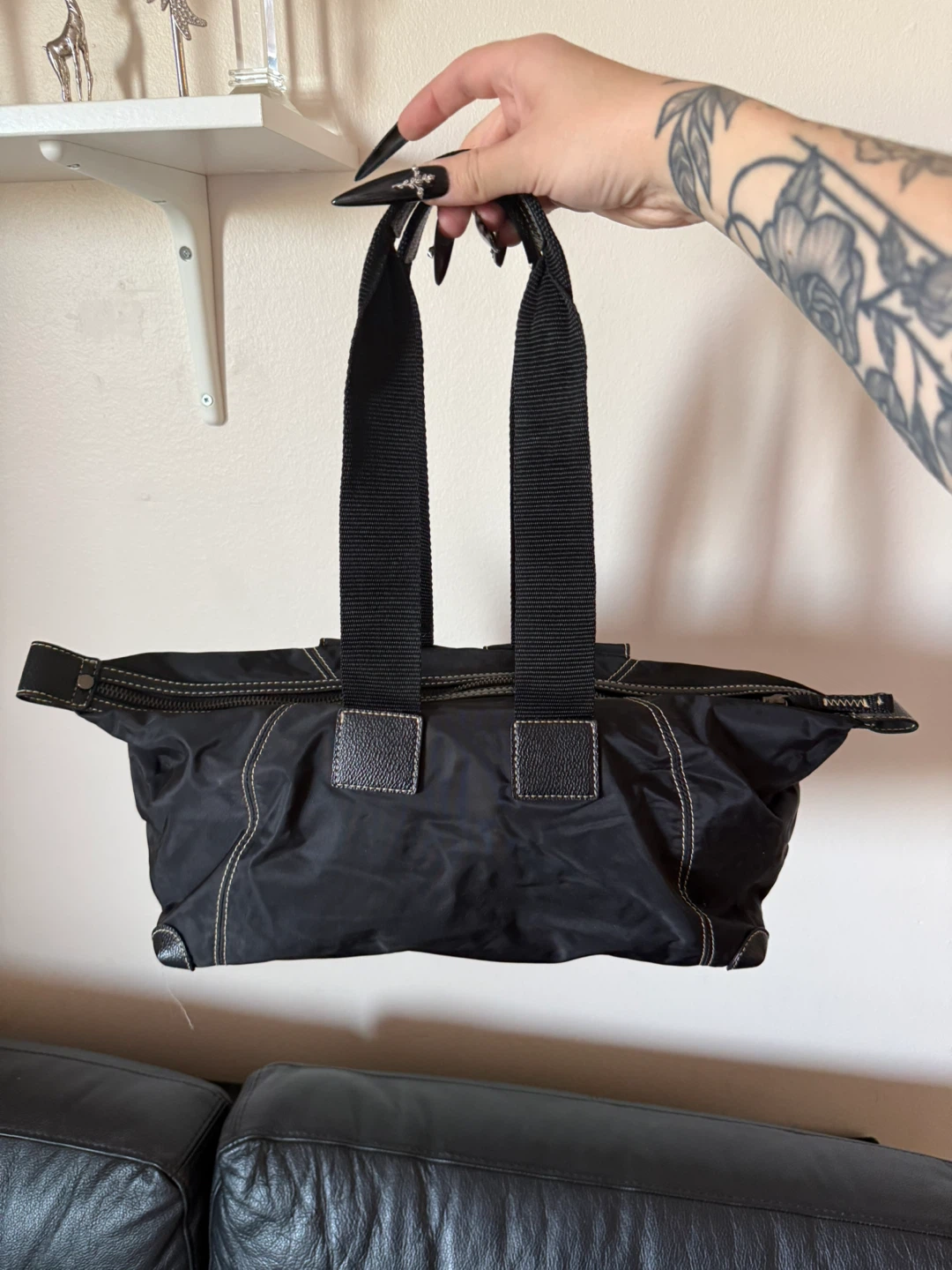 Black nylon shoulder bag with buckle details - photo 3