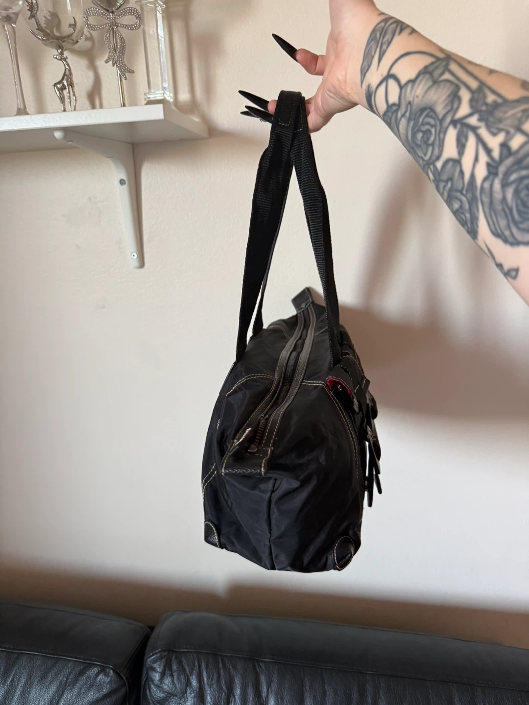 Black nylon shoulder bag with buckle details - photo 5