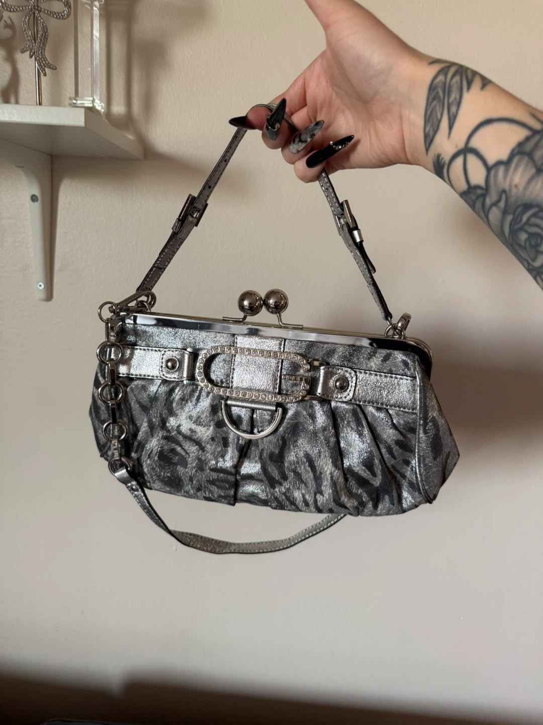 Guess Silver Animal Print Kiss-Lock Handbag
