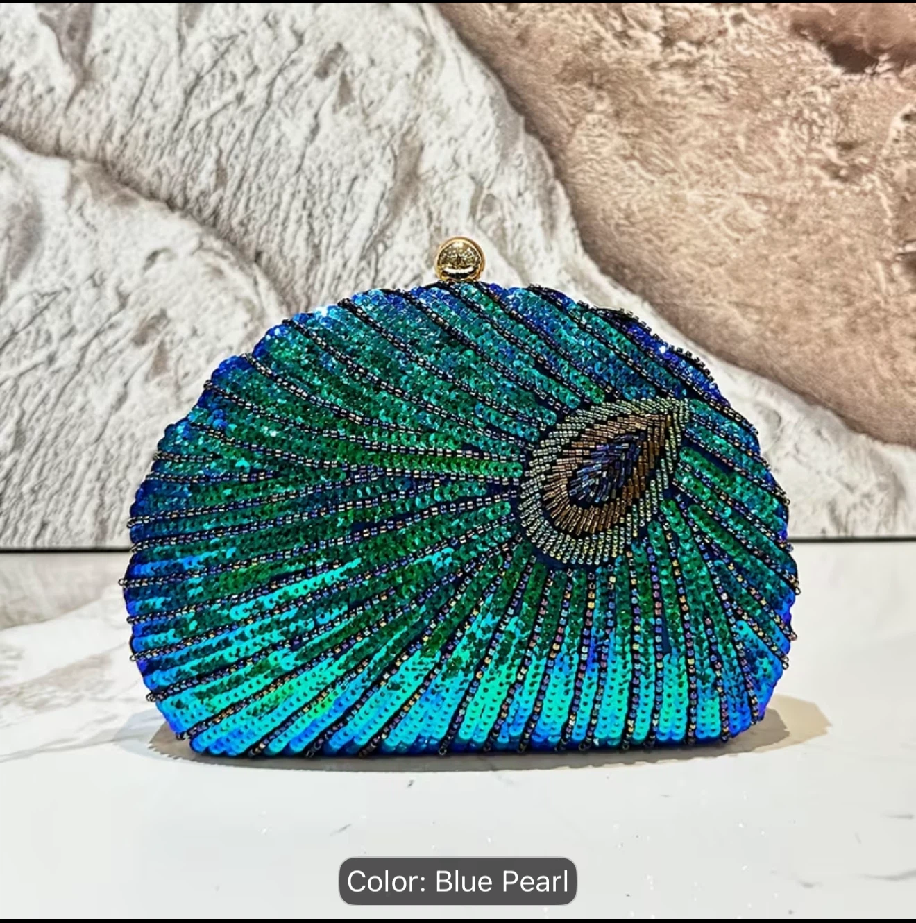 Peacock Beaded Clutch Bag - Blue  sequins