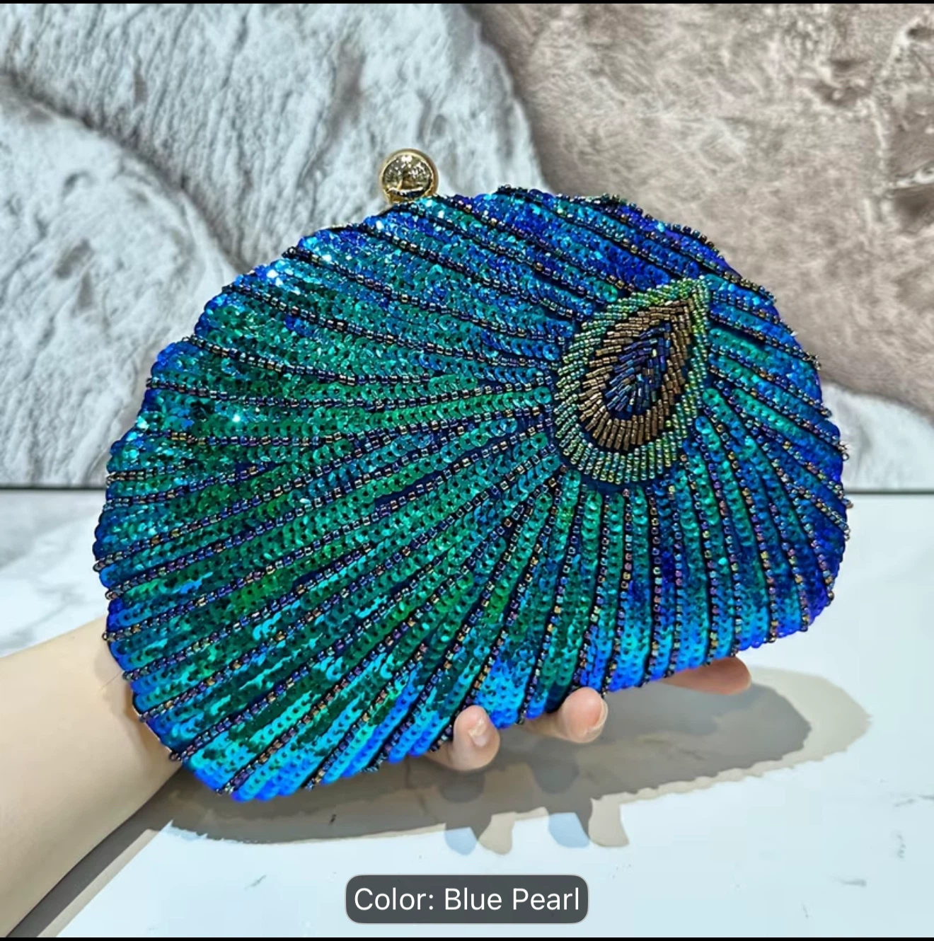Peacock Beaded Clutch Bag - Blue  sequins - photo 2